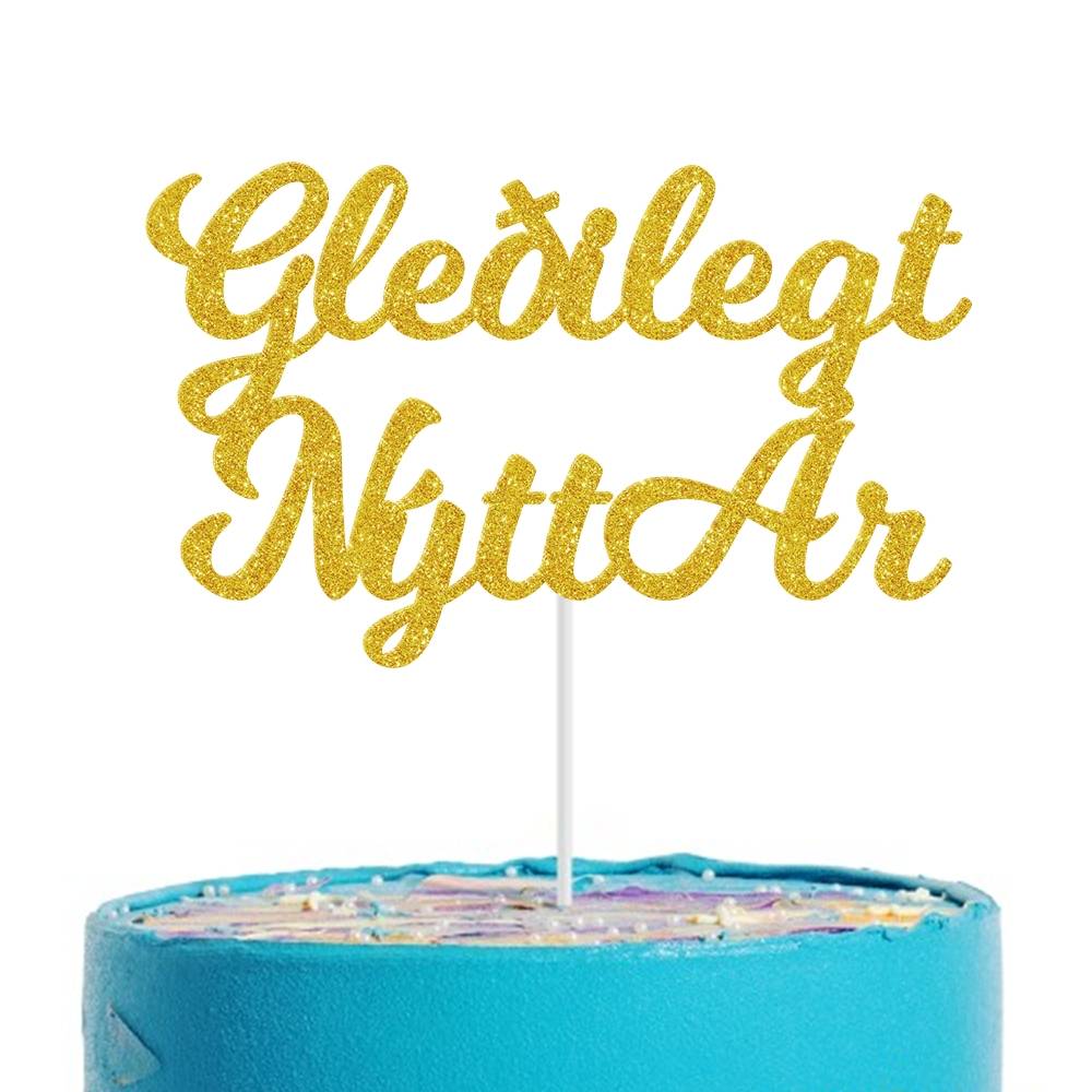 Gylltur glimmer kökutoppur "Gleðilegt nýtt ár" - 14cm