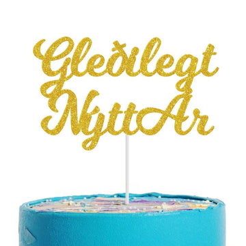 Gylltur glimmer kökutoppur "Gleðilegt nýtt ár" - 14cm