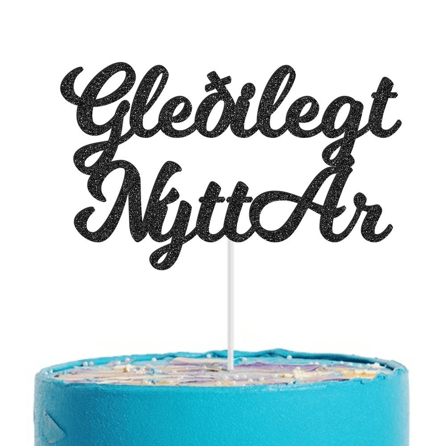 Svartur glimmer kökutoppur "Gleðilegt nýtt ár" - 14cm